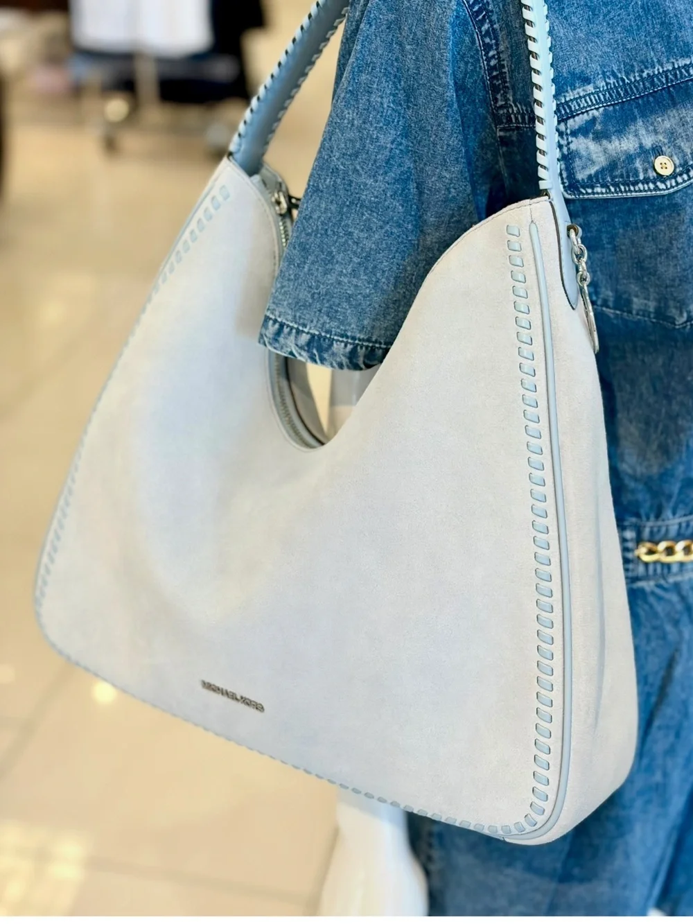 MICHAEL KORS Nayla Medium Suede Hobo Shoulder Bag Pale Blue  NWT